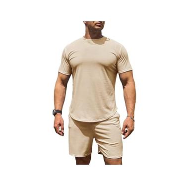 Imagem de Uni Clau Conjunto masculino de 2 peças, conjunto de camisetas e shorts de manga curta para verão e praia, Caqui, M