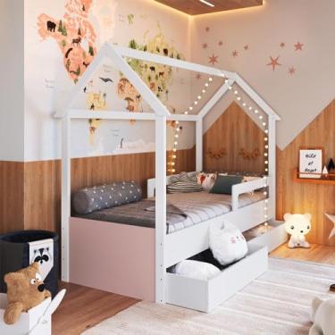 Imagem de Genérico, Cama Montessori Infantil tipo Cabana com 2 Gavetas Branco Rosa