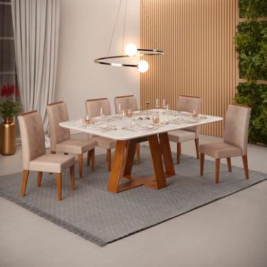 Imagem de Conjunto Sala de Jantar 6 Cadeiras Tampo Sem Vidro 170x90 Dj Móveis Kiara Freijó Quartzo Yasmin Veludo Kraft