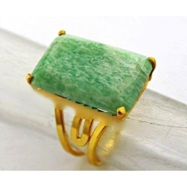 Imagem de Anel Pedra Amazonita Verde Facetado Dourado Aro Ajustavel