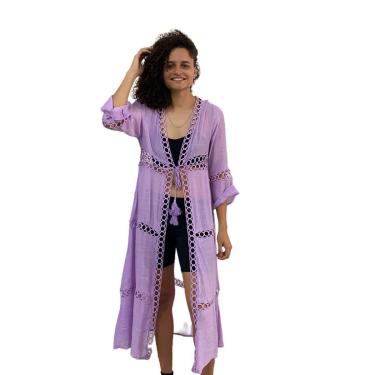 Imagem de Saída De Praia Longa Kimono De Amarrar Acinturada Luxo Verão-Feminino