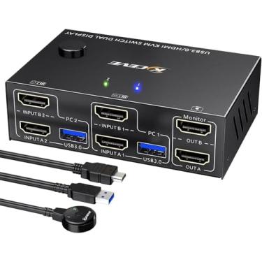 Imagem de KVM Switch USB 3.0 HDMI 4K @ 60 Hz，emulador EDID, switch KVM de monitor duplo para 2 computadores Compartilhe 2 monitores e 4 portas USB 3.0, controle remoto com fio e cabos incluídos