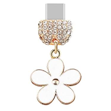 Imagem de ELISE & FONDA TP193 Tipo-C porta de carregamento USB cristal antipoeira pequena flor de lírio pingente para celular Samsung Galaxy/Huawei/OnePlus/Xiaomi/oppo telefones Android (branco), approx.2.1 cm