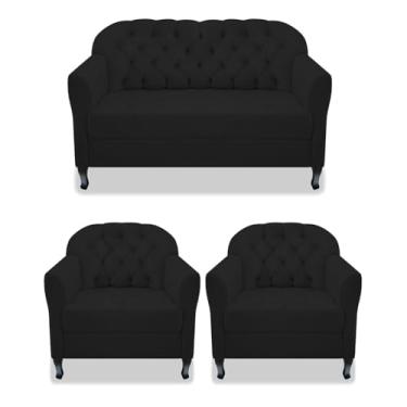 Imagem de Kit Namoradeira Recamier Sofá mais 02 Poltrona Julia Pés Luís Xv Com Botonê Quarto Sala de Estar Recepção Corano Preto - AM Decor