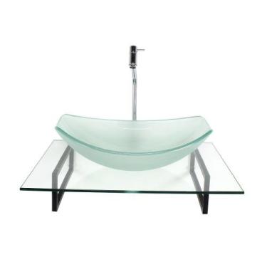 Imagem de Kit cuba de vidro oval chanfrada jateada com tampo 60cm incolor e supo