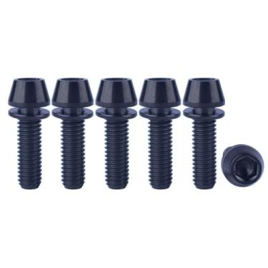 Imagem de VAMUOEFL Parafuso de titânio M5 x 16 18 20 mm cabeça cônica hexagonal Allen com arruela para peças de bicicleta de estrada MTB parafuso de haste de bicicleta 6 peças (preto, M5 x 16 mm)