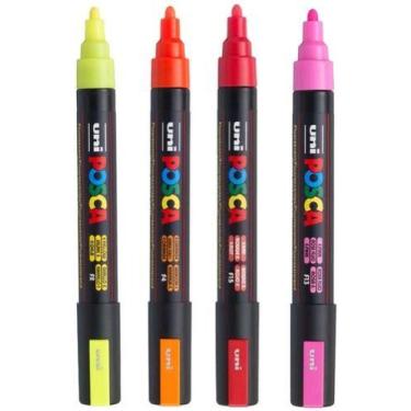 Imagem de Kit 4 Posca PC-5M Fluor Amarelo, Laranja, Rosa e Vermelho - UNI