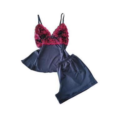 Imagem de Short Doll Blusa Com Renda Bicolor Short liso Sexy Feminino Sensual Co