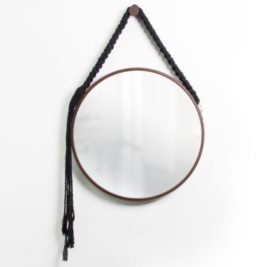 Imagem de  Espelho Decorativo Adnet Marrom Alça Macramê Preta 50 cm Redondo - E2