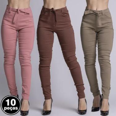 Imagem de Kit 10 Calças Feminina Bengaline Cós Alto Blogueira Cintura Alta - Bel