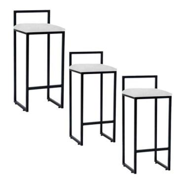 Imagem de Kit 03 Banqueta Alta Industrial 0,78 cm Metal Preto Suede Branco - Val