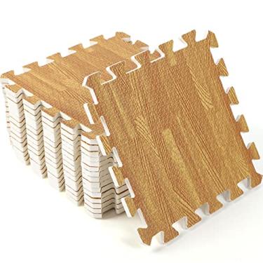 Imagem de Pacote com 100 tapetes de espuma de grão de madeira com borda, azulejos de espuma de intertravamento de madeira grossa, tapete de piso antifadiga para casa sala de jogos porão, feira comercial, 30 x 30 cm (marrom claro)