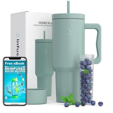 Imagem de Infusion Pro Copo de 1,134 g com alça, infusor de frutas e tampa de palha: eBook de infusão de frutas de 50 receitas: Bota inferior: Serve para porta-copos : Caneca de viagem com isolamento de aço