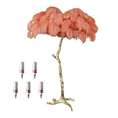 Imagem de Luminária de pé romântica moderna de penas para quarto, sala de estar, luminária de chão de penas de avestruz natural, corpo de lâmpada dourada, regulável com interruptor de pé