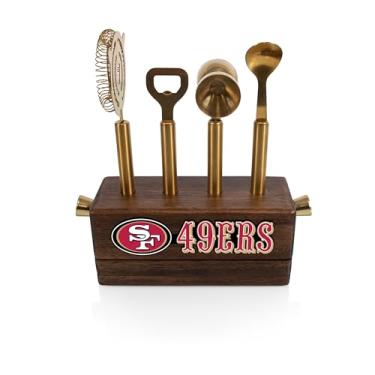 Imagem de PICNIC TIME NFL San Francisco 49ers Sidecar Kit de ferramentas de bar de 5 peças com suporte, barman mixológico e conjunto de viagem com acessórios de coquetel, (madeira de acácia)