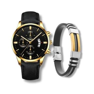 Imagem de Relógio Masculino "Uomini" Quartzo Pulseira Couro PU 42mm Calendário Completo Estilo Elegante & Casual – Acompanha Bolsa de Veludo