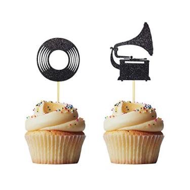 Imagem de Morndew 24 peças de enfeite de cupcake fonógrafo de vinil para baile de dança nostálgica tema música festa de aniversário decorações de festa de casamento