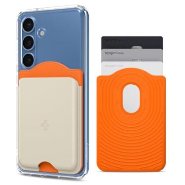 Imagem de Porta-cartões carteira magnética Spigen Nano Pop (MagFit) projetado apenas para capa magnética da série Galaxy S25 e modelos iPhone 16/15/14/13/12 comporta até 3 cartões - laranja bege