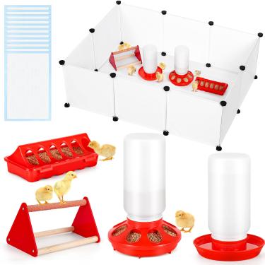 Imagem de POMINEL Kit iniciante de caixa de chocadeira de pintinho, conjunto de comedouro e bebedouro de frango de plástico com poleiro de pintinho