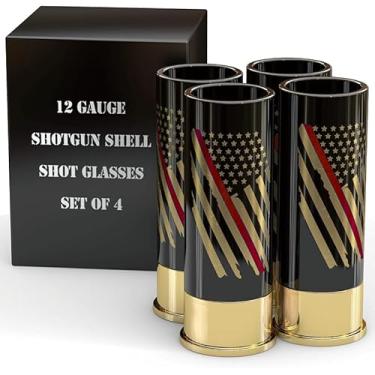 Imagem de MyGiftHub Conjunto de 4 copos de shot de 12 GA - Copos de festa com bandeira de bombeiro de linha vermelha fina, atiradores de boca larga para tiros de gelatina de tequila de uísque