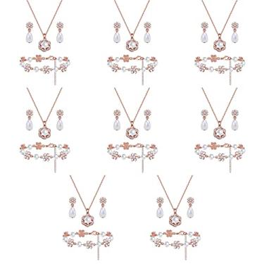 Imagem de Conjunto de joias de dama de honra para mulheres e meninas, pingente de flor banhado a ouro 18 K, prata e ouro rosa, com colar de pérolas, brincos, presente de dama de honra para casamento e pedido de casamento, festa e formatura, Zinco Vidro Pérola sintética, Pérola sintética