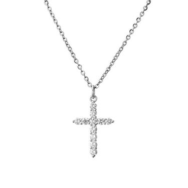 Imagem de COLORFUL BLING Gargantilha delicada de cruz de zircão cúbico fé crucifixo lateral colar com pingente para mulheres meninas adolescentes ouro prata cruz joias, Metal Cristal, Cobre