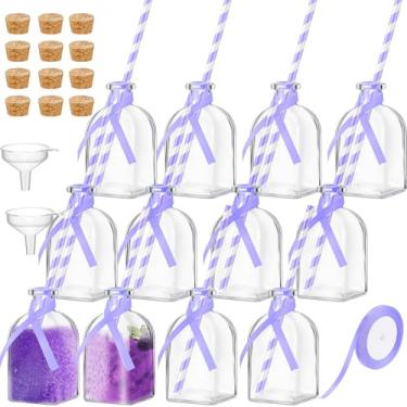 Imagem de Baderke 12 garrafas de vidro com cortiça e palha, mini garrafa de vidro vazia de 118 ml para bebidas garrafas de licor reutilizáveis com fita de seda e funis para coquetéis, festas de casamento (Roxo)