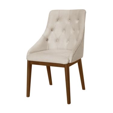 Imagem de Cadeira de Jantar Luxo Estofada Elisa Anatômica Linho Bege Capitonê Base Madeira Maciça Mel