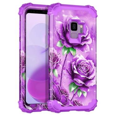 Imagem de Miqala Capa para Galaxy S9, brilha no escuro, três camadas, resistente, à prova de choque, proteção total de plástico rígido + capa protetora de silicone macio para Samsung Galaxy S9, rosa roxa