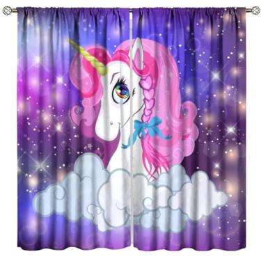 Imagem de Cortinas de unicórnio para crianças, desenho animado de unicórnio sonhador, estrelas fofas, nuvens, quarto de bebê, sala de estar, 106,7 cm L x 114,3 cm C
