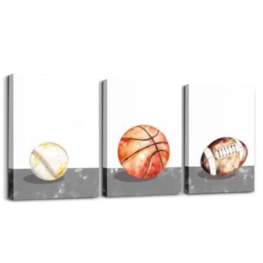 Imagem de jejeloiu Quadro de beisebol decoração de parede 30,5 cm x 40,6 cm 3 peças futebol esporte jogo pintura para crianças adolescentes adultos basquete jogos tela arte de parede para sala de estar quarto