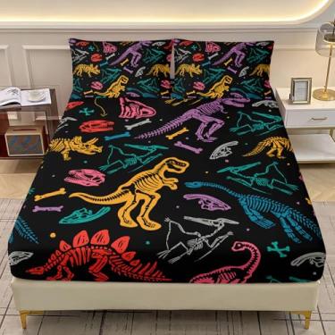 Imagem de AILONEN Jogo de cama solteiro de dinossauro colorido, tamanho GG, para crianças, meninos, crânio gótico, hip hop, preto macio, lençol com elástico com 2 fronhas, 3 peças