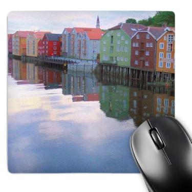 Imagem de 3Drose Mouse pad LLC 20 x 20 x 0,63 cm, Trondheim Noruega, Casas coloridas de arco-íris no rio lago refletor calmo água fotografia norueguesa (Mp_112962_1)