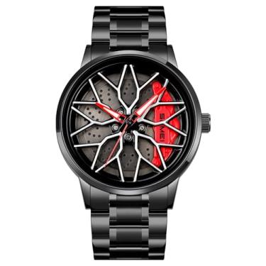 Imagem de Relógio de pulso masculino criativo 3D giratório com roda de carro, design de cubo de aro, moderno, quartzo, elegante, com pulseira de aço inoxidável, presentes para entusiastas de carros, V Vermelho