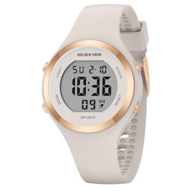 Imagem de GOLDEN HOUR Relógio esportivo feminino com pulseira de silicone com cronógrafo digital à prova d'água, ouro rosa/luz das estrelas/branco leite, Moderno