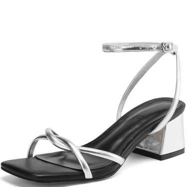 Imagem de TEAIEUI Sandálias femininas de salto com tiras para mulheres, elegante, bico quadrado, confortável, salto grosso, sapato social para formatura, festa de casamento, Aa-prata preto, 39