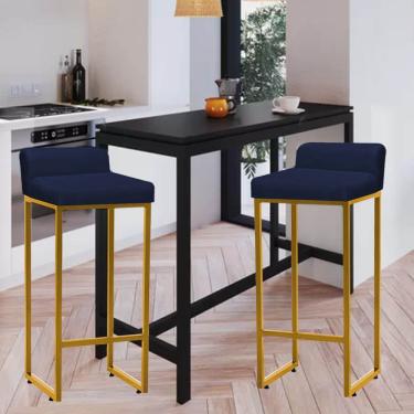 Imagem de Kit 02 Banqueta Alta Mia Com Encosto Cozinha Bistrô Bar Balcão Ferro Dourado Suede Azul Marinho