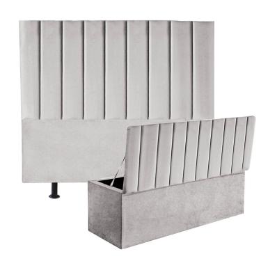 Imagem de Kit Cabeceira Estofada E Calçadeira Baú Recamier Carla 90Cm Solteiro Corino Cinza Claro
