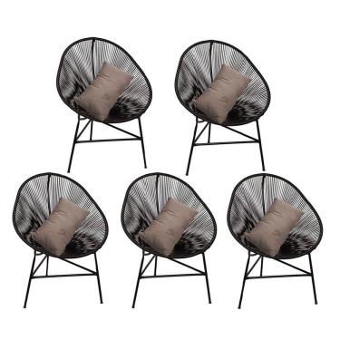 Imagem de Kit 05 Poltrona Cadeira Acapulco Plus Com Almofada Quadrado Preto Suede Bege