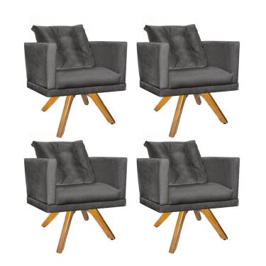 Imagem de Kit 04 Poltrona Cadeira Kim Luxo Confort Giratória Carvalho Com Almofada Solta Suede Cinza