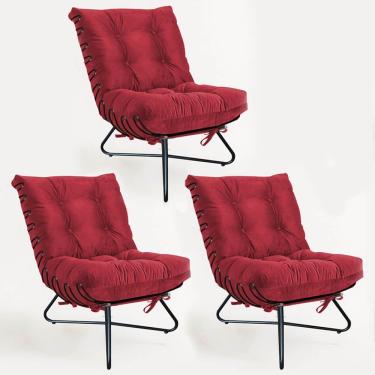 Imagem de Kit 03 Poltronas Costela Ferro Industrial X Pés Cruzados Sala Corino Vermelho