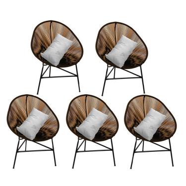 Imagem de Kit 05 Poltrona Cadeira Acapulco Sala Jardim Varanda Marrom Com Almofada Quadrada Corino Branco