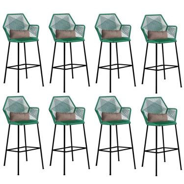 Imagem de Kit 08 Banqueta Alta Com Encosto Sttar Ferro Verde Fibra Verde Almofada Sintético Bege