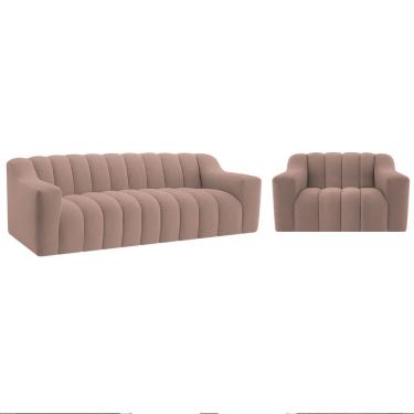 Imagem de Kit 1 Sofá 150cm 2 Poltrona Luxo Recepção Sala Elegance Linho Cor Rosê