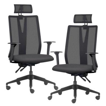 Imagem de Kit 2 Cadeiras Escritório Giratória Presidente Flow F02 Base Preta Linho Grafite - Lyam Decor