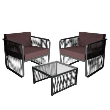 Imagem de Conjunto 2 Poltronas E Mesa Centro Corda Náutica Santiago Preto-marrom