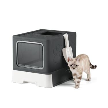 Imagem de Qualasision Caixa de areia para gatos fechada, caixa de areia grande para gatos grandes, caixas de areia cobertas para gatinhos com tampa, caixa de entrada superior para gatos com colher, controle de