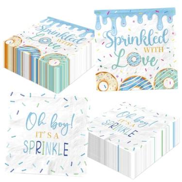Imagem de Guardanapos granulados de donut com 48 peças - Decorações de bebê polvilhadas para meninos rosquinhas azuis polvilhadas com guardanapos de festa de amor Oh Boy It's A Sprinkle Decorações de festa para