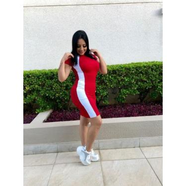 Imagem de Vestido feminino curto com manga detalhe listra lateral malha canelada