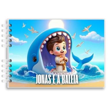Imagem de Livro De Colorir Jonas e a Baleia Capa Holográfica 43 Desenhos Folha Grossa Capa Dura Wire-o A5 histórias bíblicas